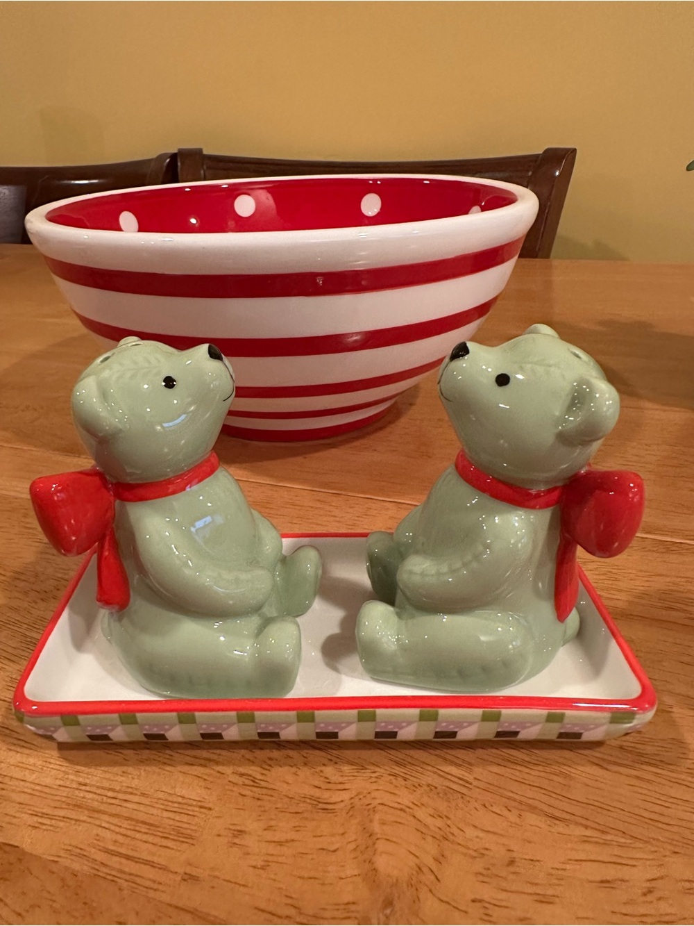 Cath Kidston Mint Green Bear Salt & Pepper Set with Red Accents Bowl not include